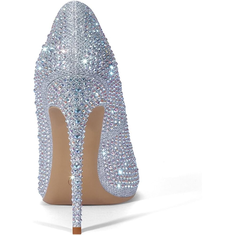 Women's Silver Pumps Pointed Toe High Heel Glitter Rhinestone Sparkly Shoes - Picture 4 of 8
